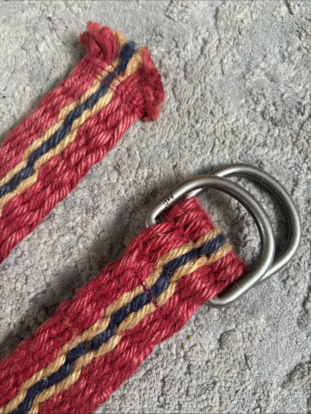 Y2K Abercrombie & Fitch Red Woven D-Ring Belt with Navy and Tan Stripes